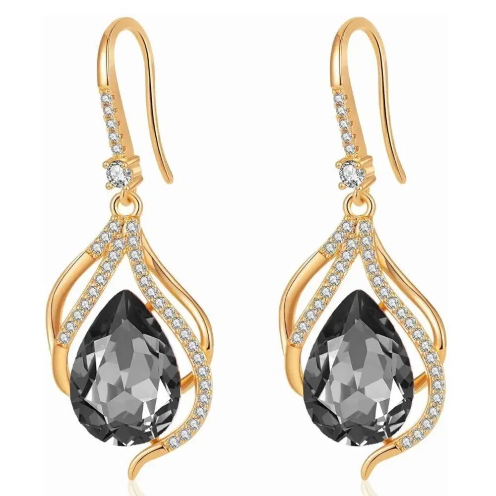 14K Yellow Gold with Charcoal Gray Austrian Crystal Twisted Teardrop Earrings
